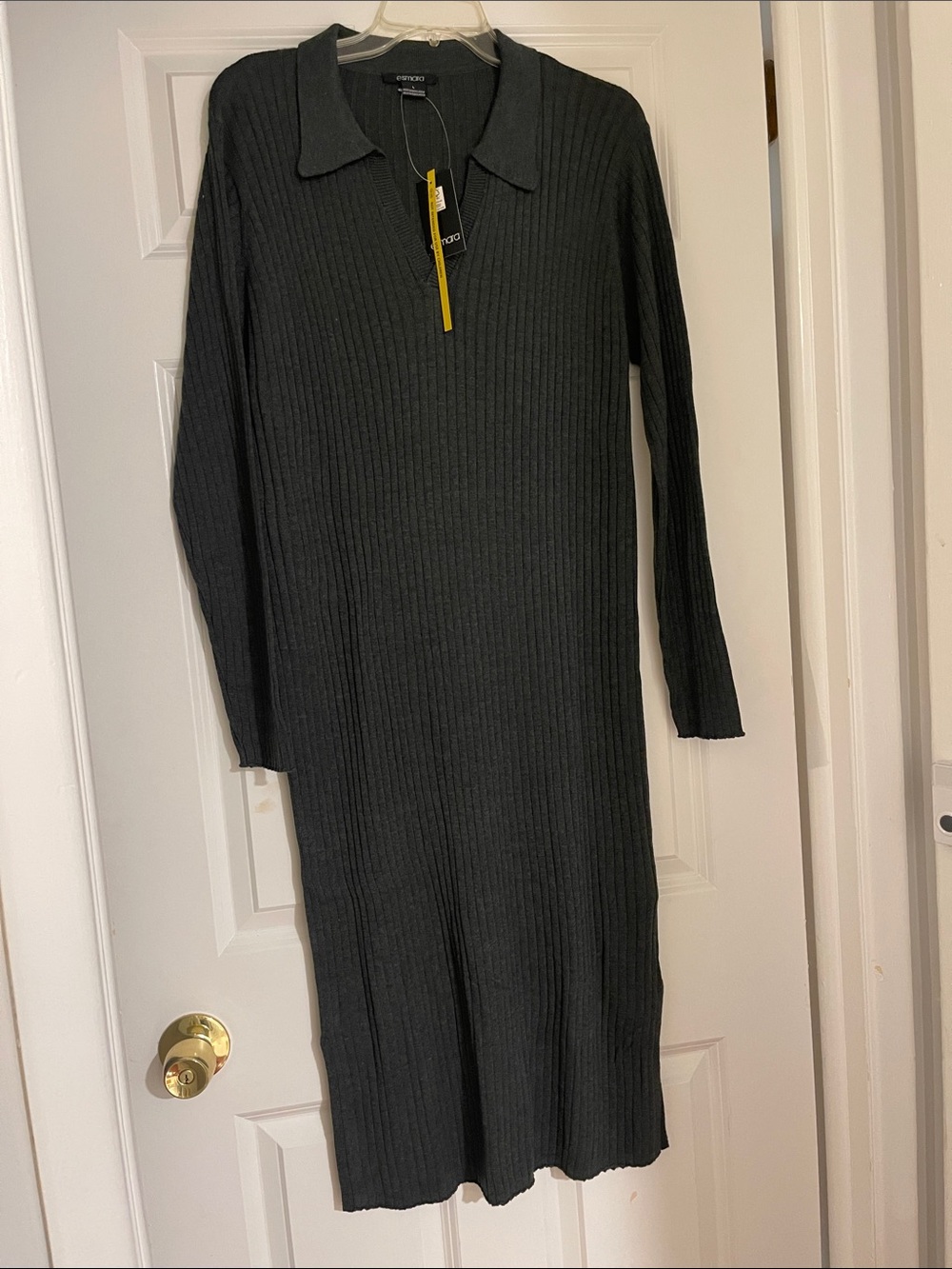 Long-Sleeve Ribbed Polo Midi Dress - dark grey